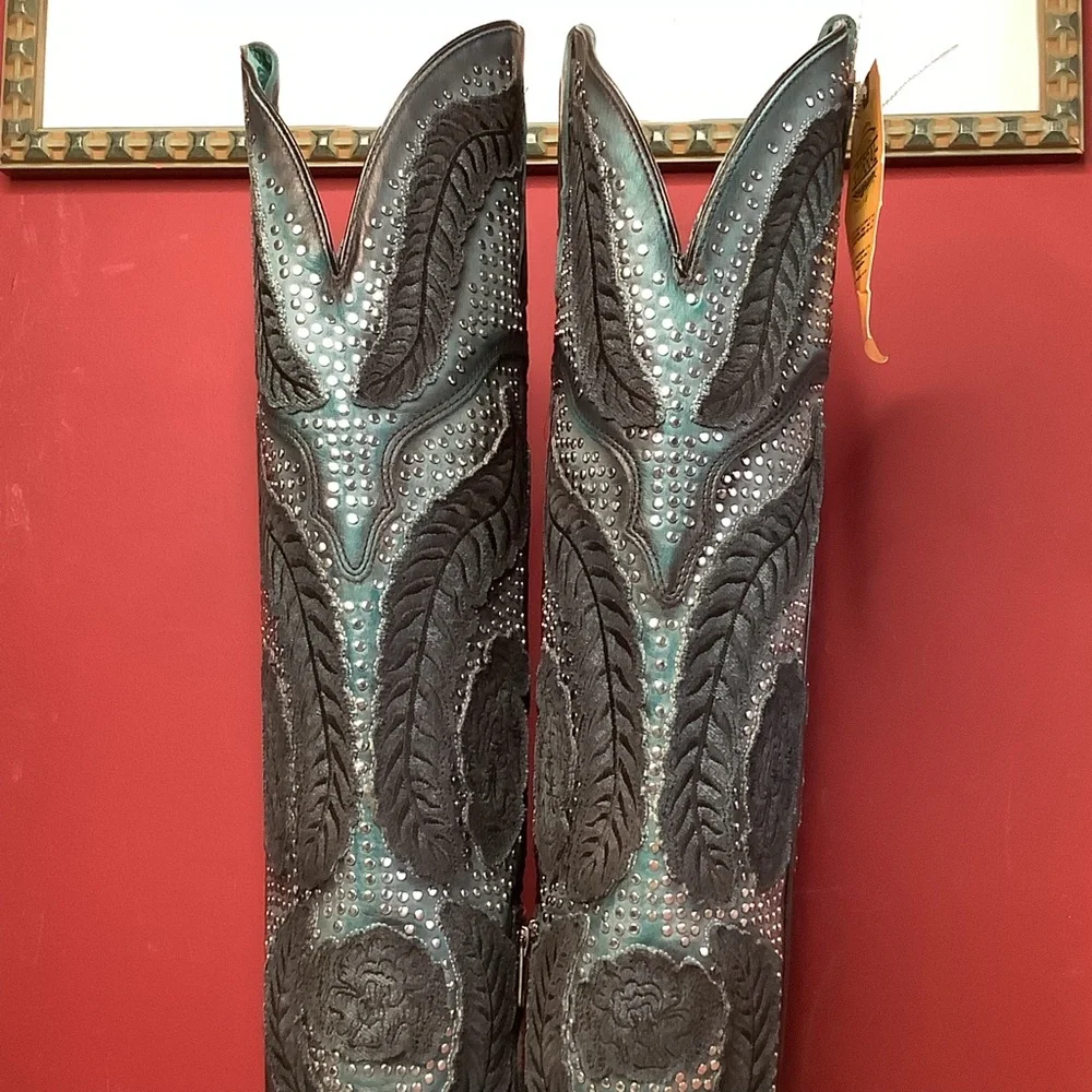 CORRAL Willow Over The Knee  Black & Turquoise Western Boots ~3” Heel Inside Zip - Picture 14 of 16